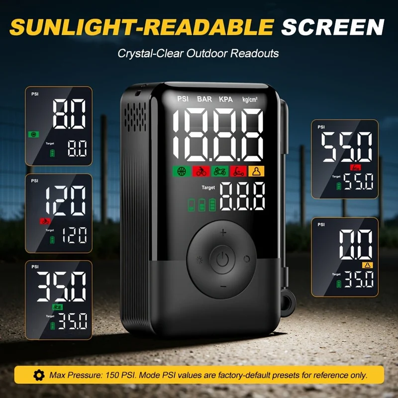 Compresseur d'air portable à gonflage rapide avec lampe intégrée pour pneus. Idéal en cas d'urgence et pour maintenir la pression de vos pneus à la valeur recommandée.