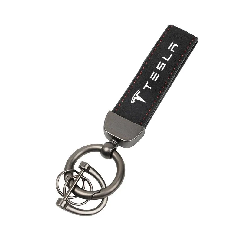 Porte-clés en daim avec surpiqûres rouges et logo Tesla - Collection Cadeaux Tesla