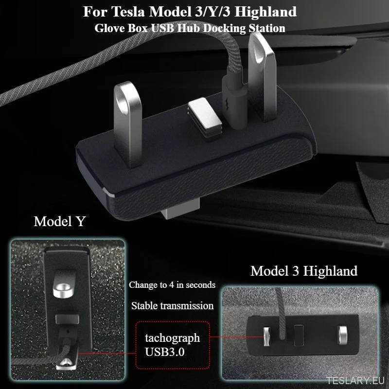 Tesla Model 3 / Y Boîte à gants avec hub USB et station d'accueil (CONDUITE À GAUCHE UNIQUEMENT)