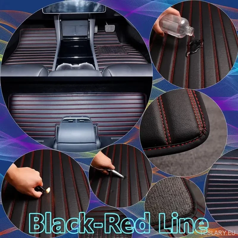 Tesla Model Tapis de sol pour voiture (conduite à droite) Y 2019-2025, design à rayures en PVC triple couche, accessoires de luxe et résistants pour l'intérieur de votre véhicule.