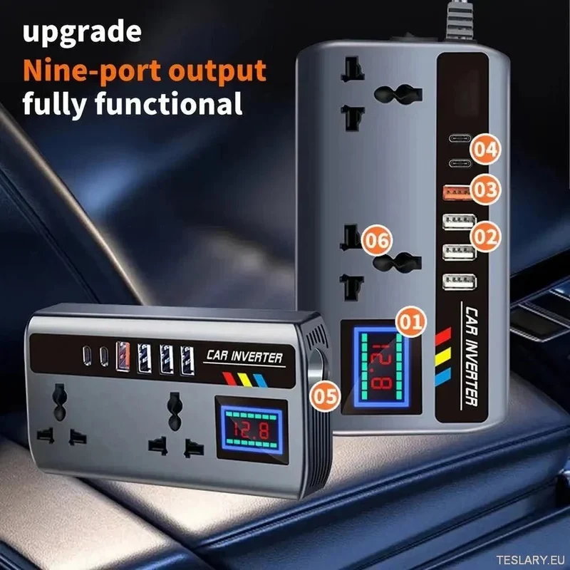 Onduleur multiport pour voiture : 12 V/24 V à 220 V avec 9 ports de charge – Compatible avec les véhicules électriques
