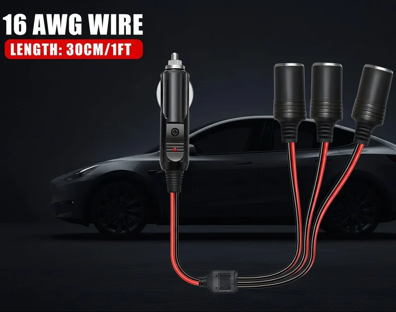 Adaptateur répartiteur de prise allume-cigare 1 vers 3 voies avec chargeur et fusible 15 A, câble 16 AWG et témoin lumineux LED.