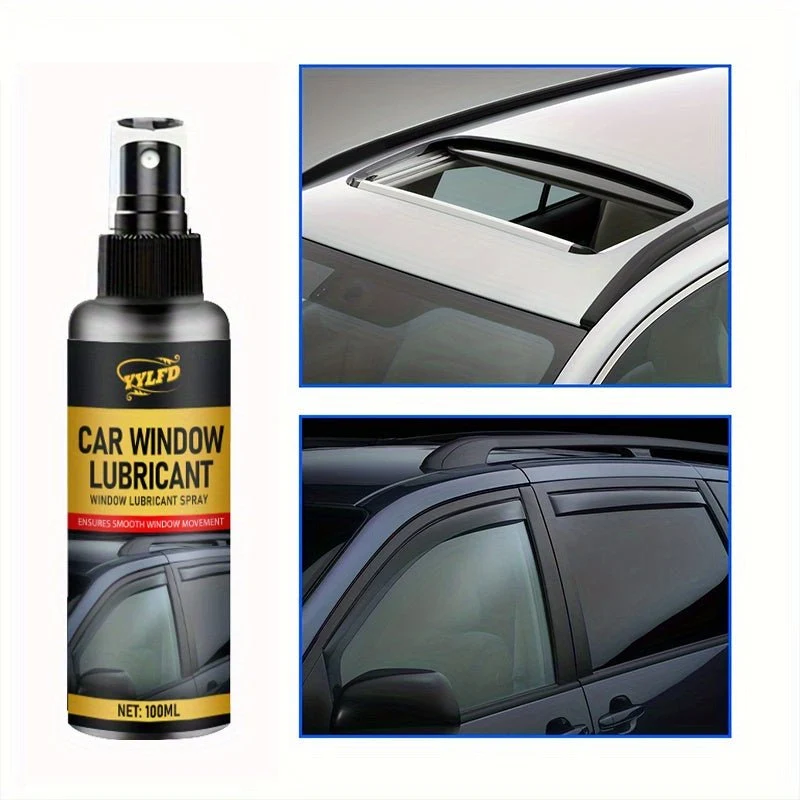Spray lubrifiant pour vitres de voiture avec éponge pour une application efficace, réduit le bruit du toit ouvrant et lisse les traces de verre. Idéal pour le graissage et l'entretien.