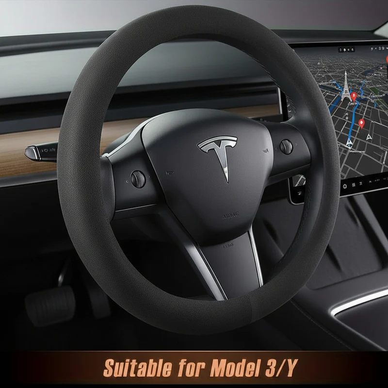 Housse de volant pour Tesla Model 3/Y Conception antidérapante avec logo - Ajustement personnalisé