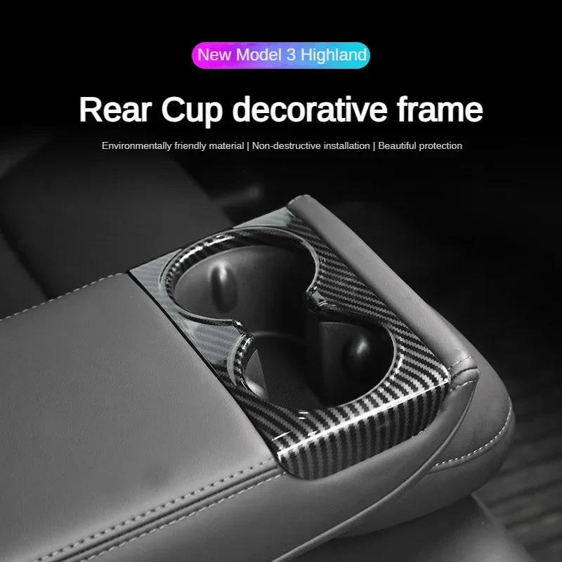 Tesla Model 3 Highland / Model Y+ Juniper Cache de protection de panneau arrière pour porte-gobelets, style fibre de carbone, en ABS